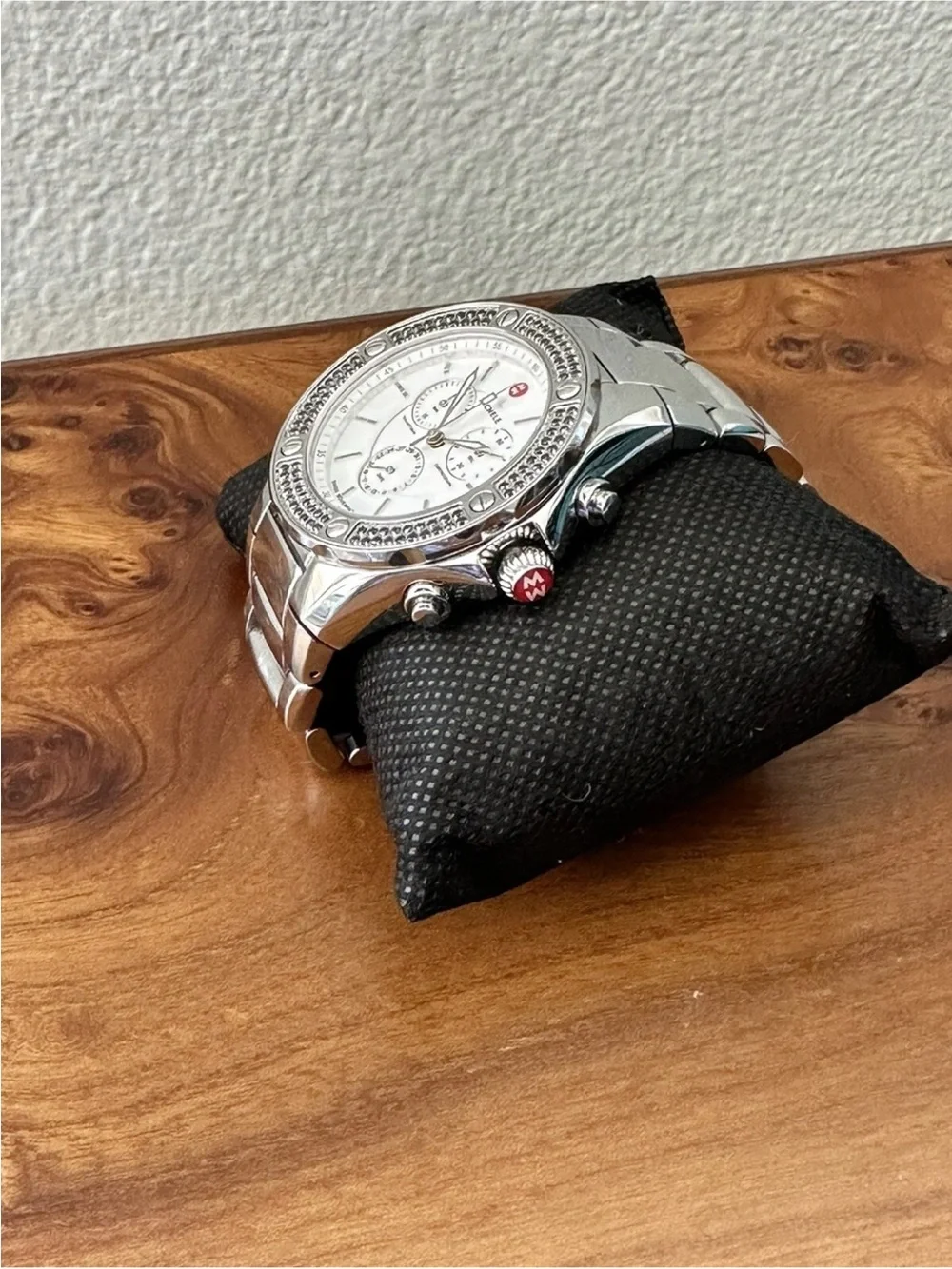 Unique & Rare Michele Tahitian Black Diamond & SS Band Chronograph Ladies Watch